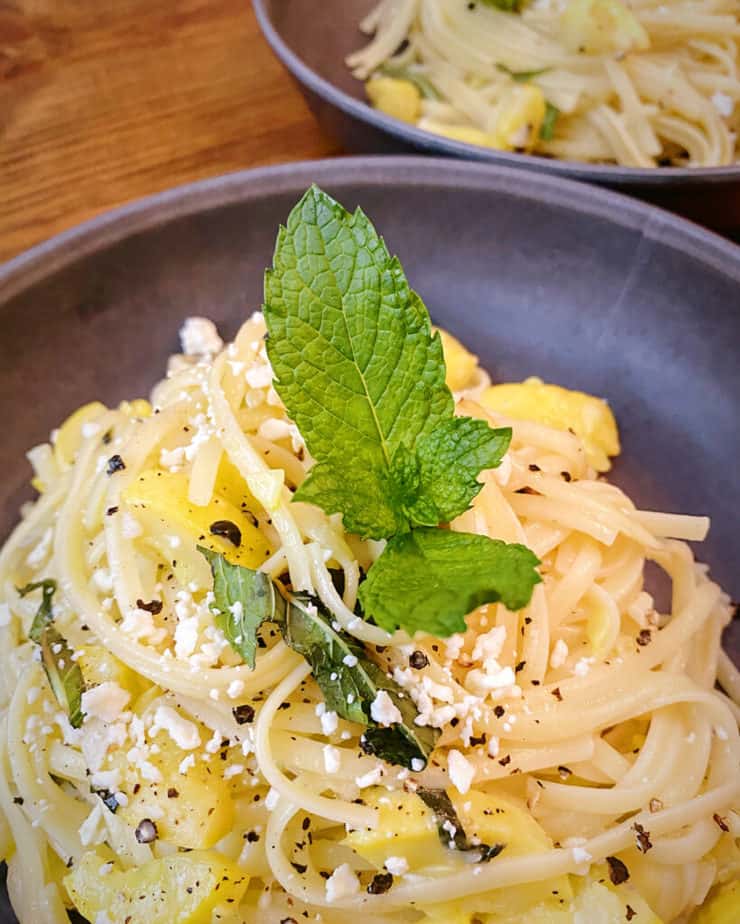 A close up of this yummy pasta with summer squash, feta, lemon and mint.