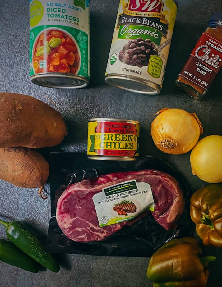 All the ingredients for my steak chili, shot overhead