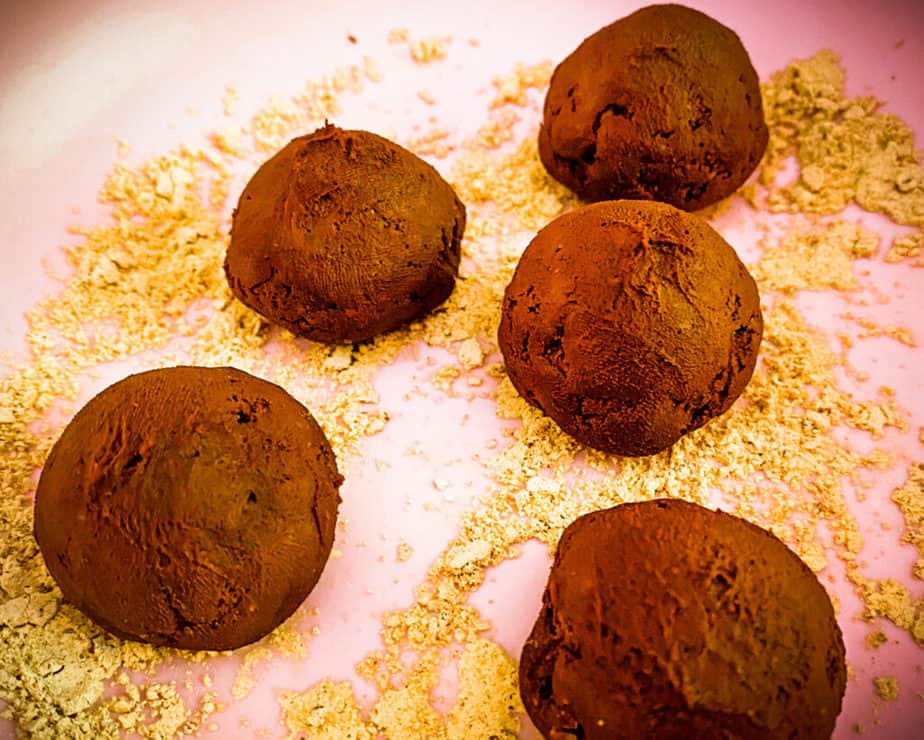 A close up of the fat bombs before they've been rolled in peanut butter powder. 