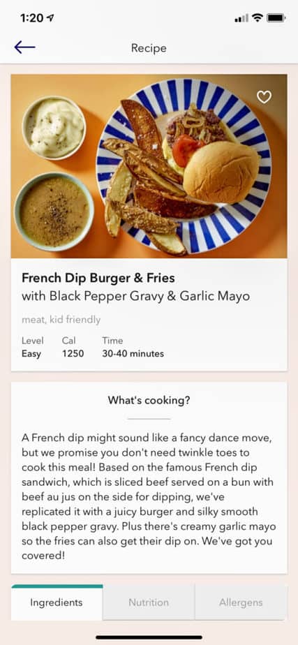 Screen Shot of Dinnerly's recipe card for French Dip Burger and Fries. It was my favorite recipe from the meal kit.