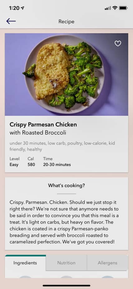 Screen Shot of Dinnerly's recipe card for Crispy Parmesan Chicken.