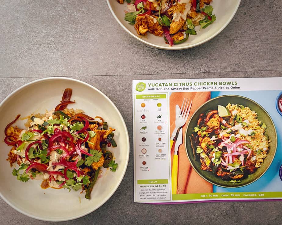 Overhead shot of my chicken bowls next to the recipe card. I should've had the rice to the side instead of underneath for a better photograph.