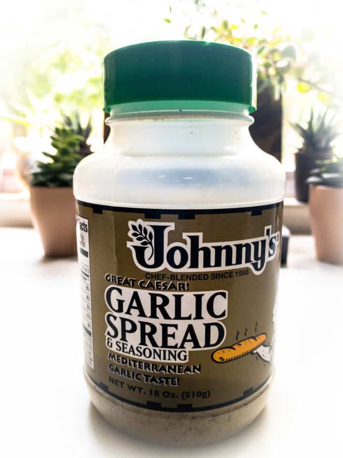 Close up of Johnny's Garlic Spread and Seasoning powder bottle. This stuff is magical.