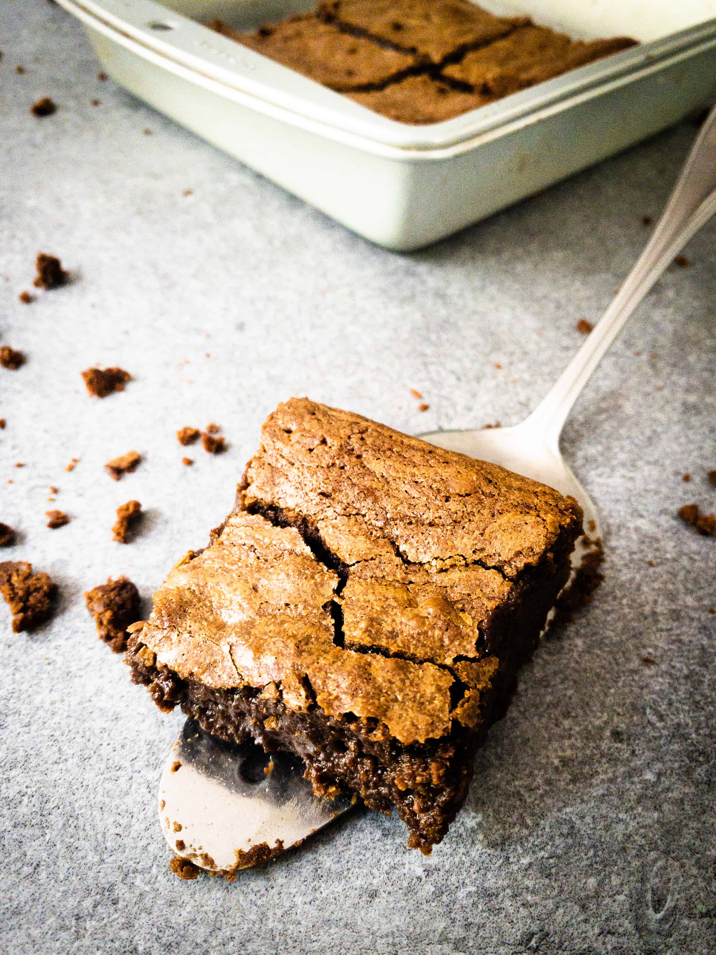 Close up shot of Julia Child's brownies. One is on a serving spatula with the baking tin in the background