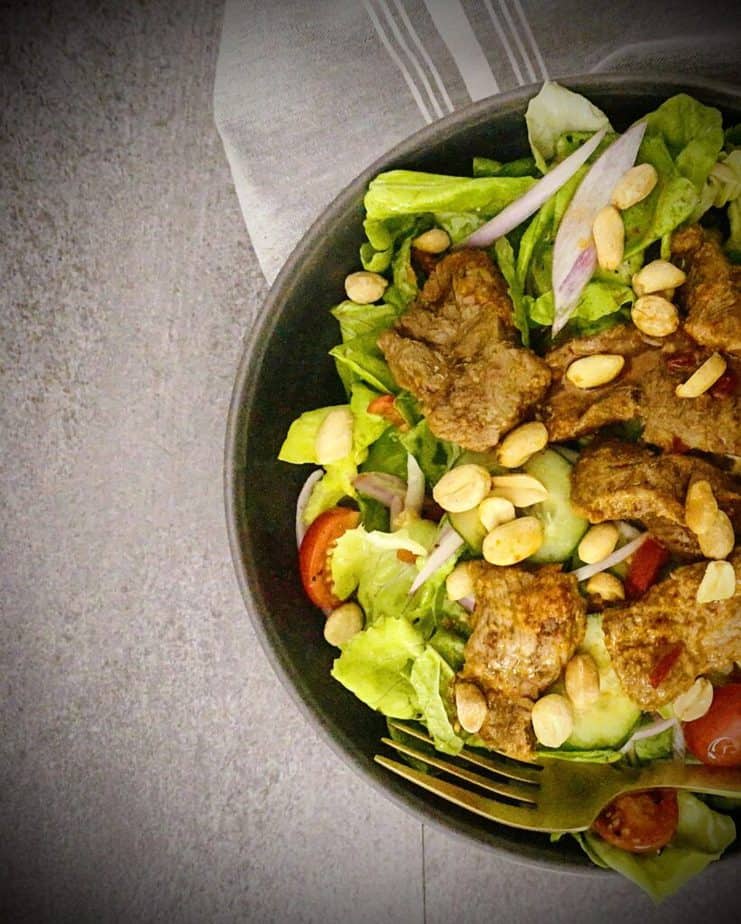 up close shot of spicy thai beef salad