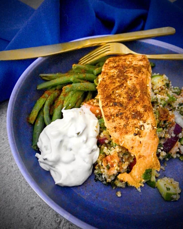 Sumac Seasoned Salmon with tabbouli, green beans and tzatziki from Gobble