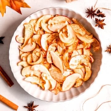 square hero image of homemade dried apple chips from the dehydrator on a white table.