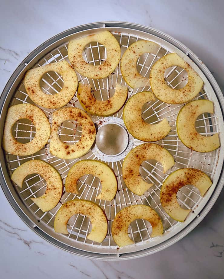 slices of apples that have been seasoned and layered in a dehydrator to make apple chips