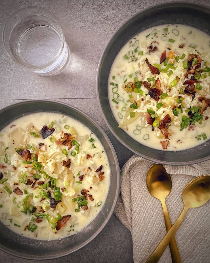 two bowls of instant pot loaded baked potato soup