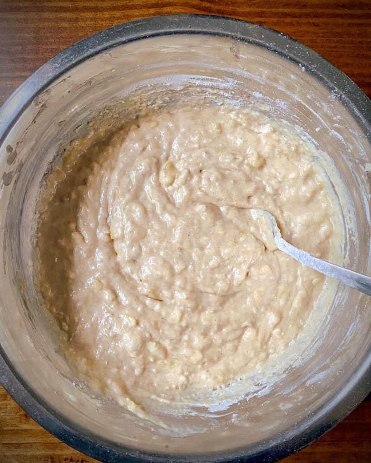 final batter for healthy breakfast bars prior to adding chocolate chips in a metal mixing bowl