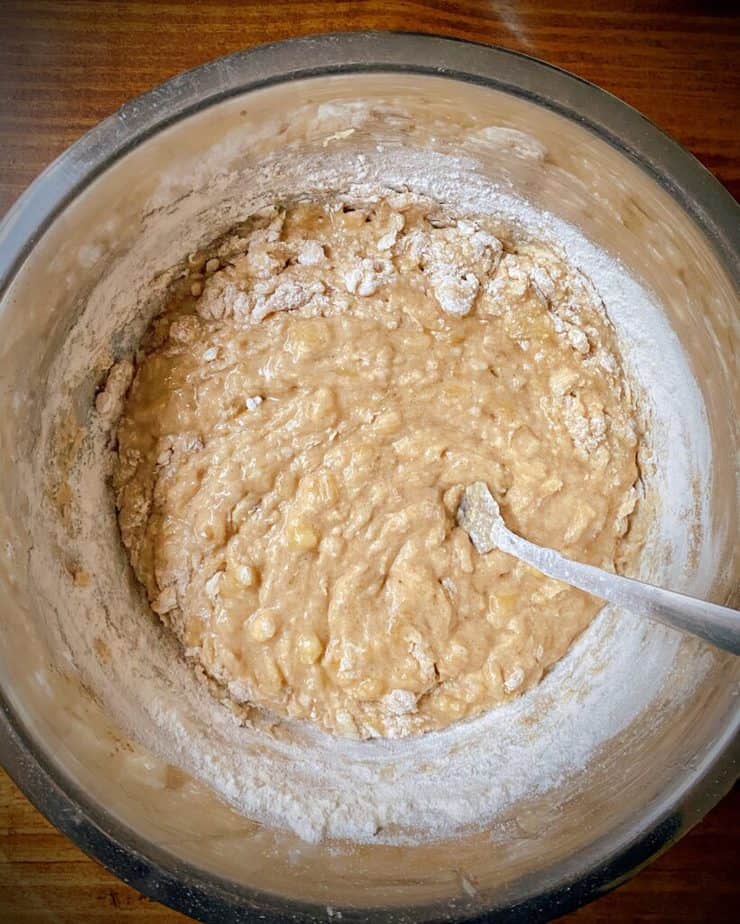 banana breakfast bar batter after first addition of flour has been stirred in