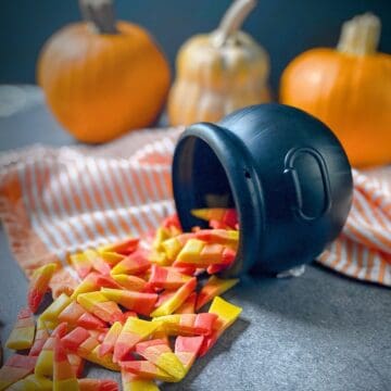 plastic cauldron overflowing with homemade candy corn.