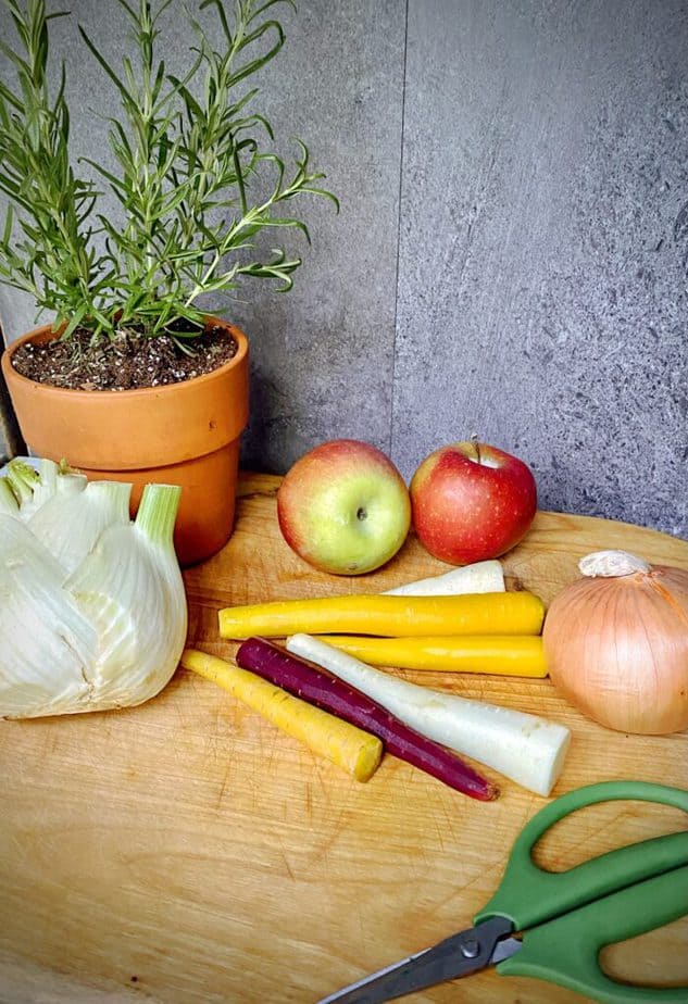 rosemary plant, apples, multi colored carrots, yellow onion, fennel bulb and green kitchen shears on a wooden cutting board