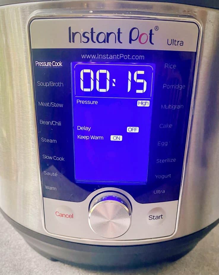 instant pot set to pressure cook on high for 15 minutes
