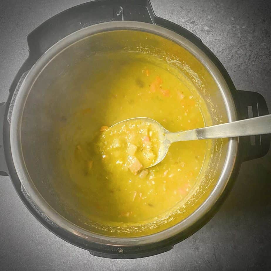 split pea soup in the bowl of the instant pot ready to serve