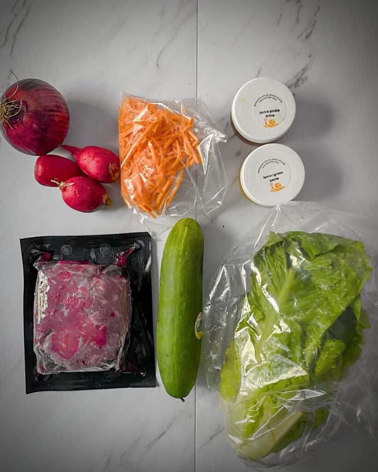 quick pickle brine, lemongrass paste, shredded carrot, three red radishes, red onion, head of romaine, cucumber, steak pieces