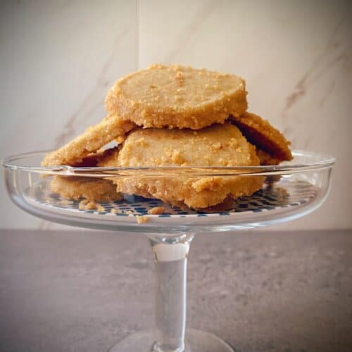 Small cake stand filled with brown sugar brown butter cookies