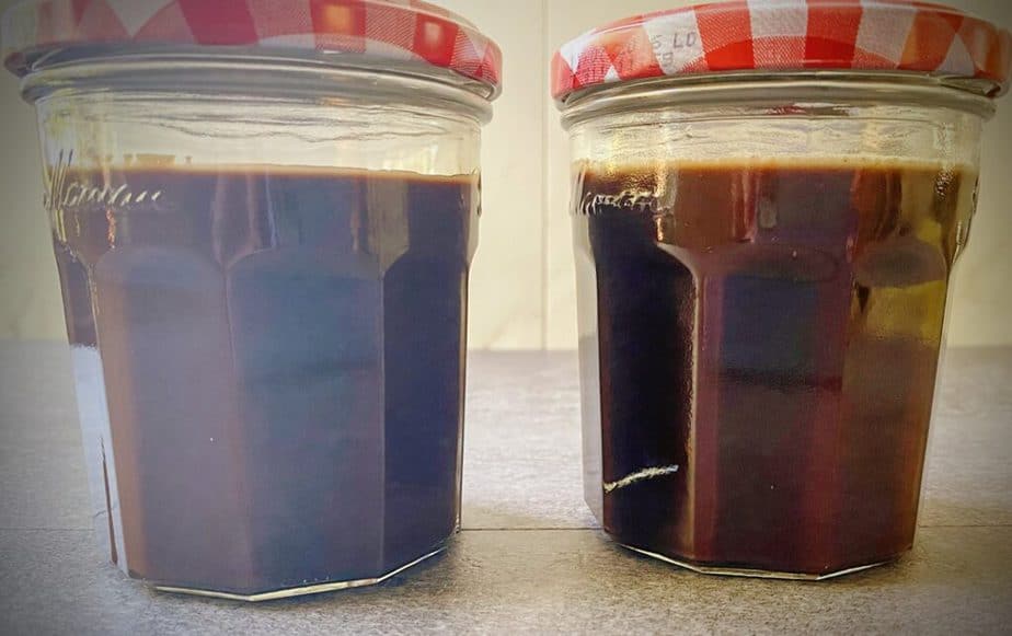 two bonne maman jars with red and white gingham tops filled with excess coffee rum fudge from black bottomed banana pudding recipe