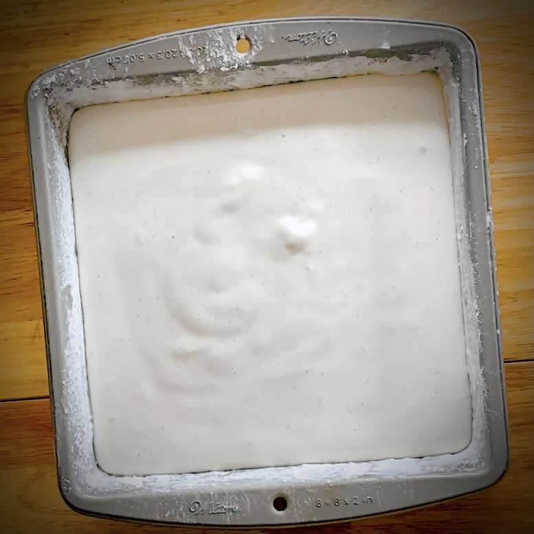 vanilla marshmallow mix in a coated 8x8 tin