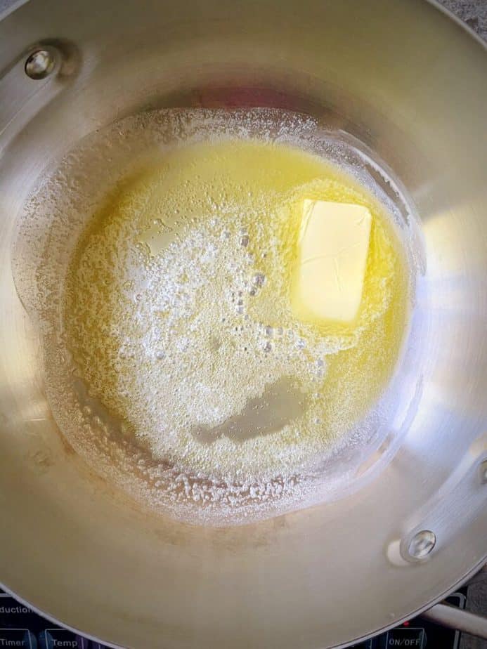 butter melting and bubbling in a sauté pan