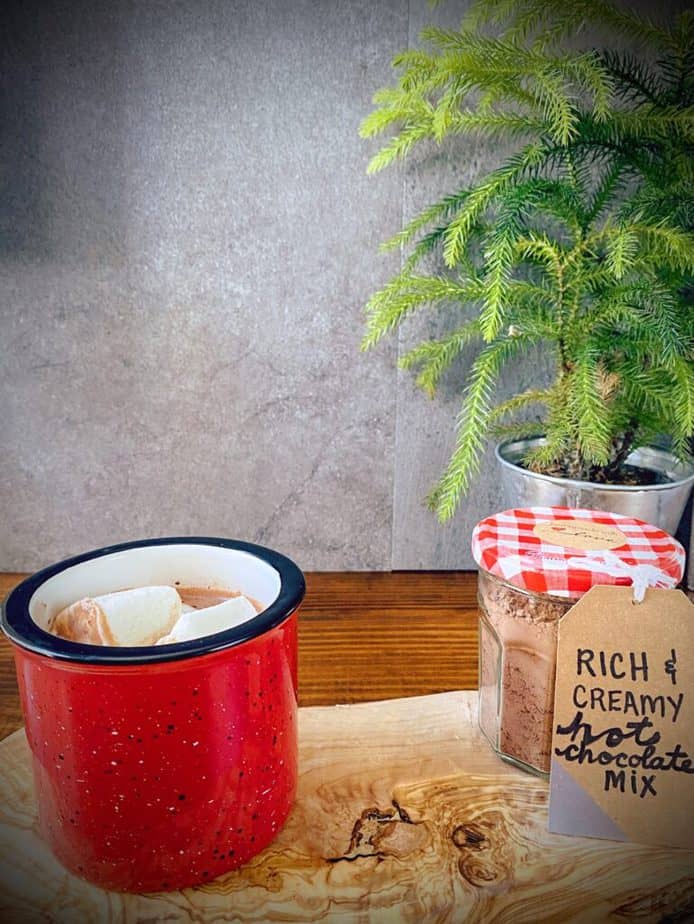 homemade hot chocolate with homemade marshmallows in a red mug with a mason jar of homemade hot chocolate mix that has a red and white gingham lid and a small potted evergreen tree in the background