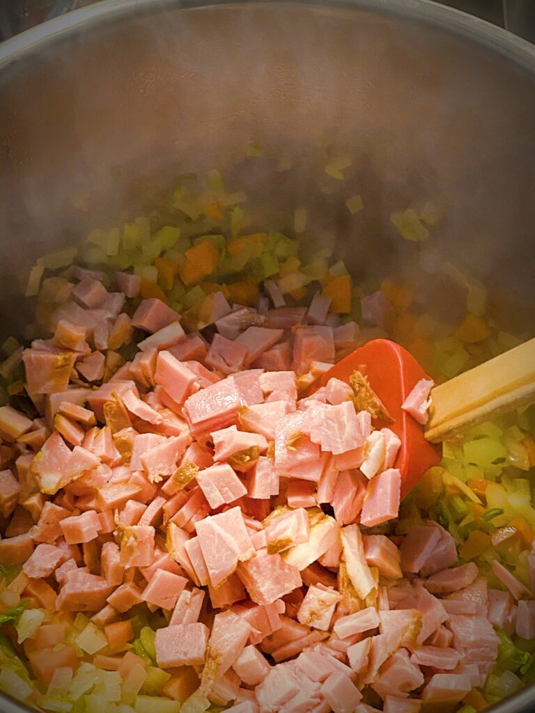 chopped ham added to cooked mirepoix