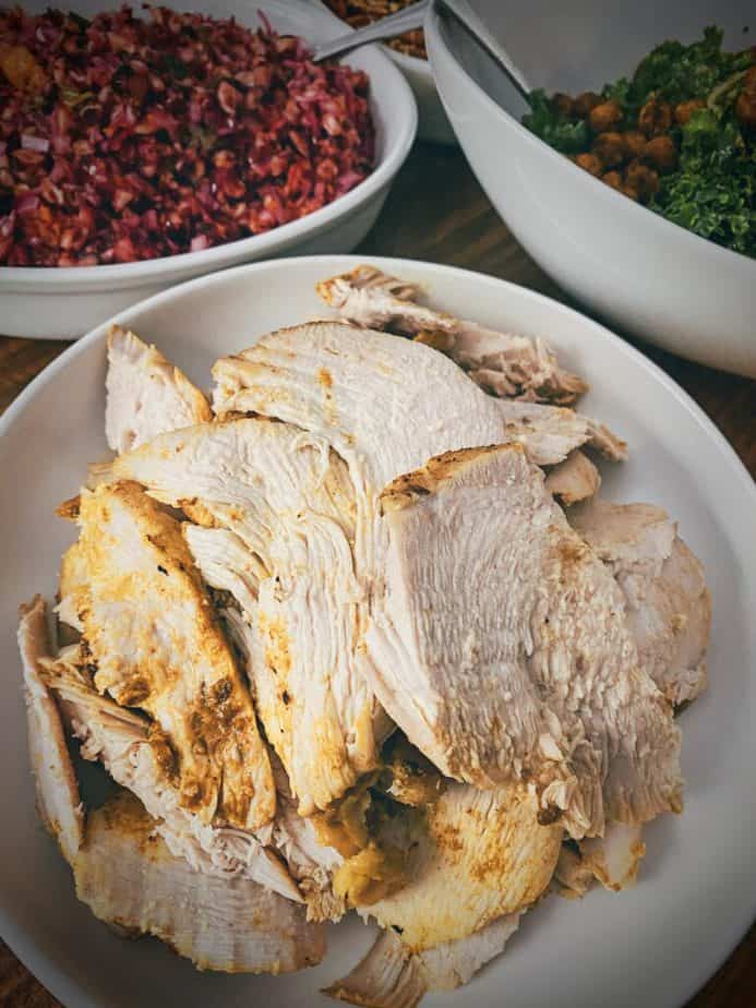 close up shot of sliced tandoori roasted turkey breast