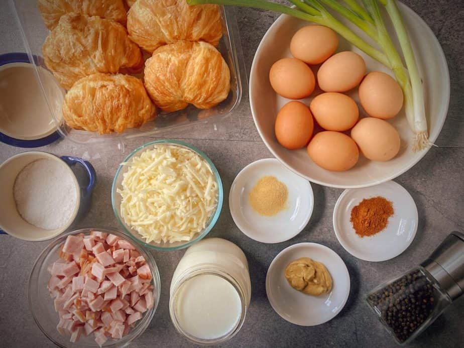 mise en place for ham and swiss strata casserole