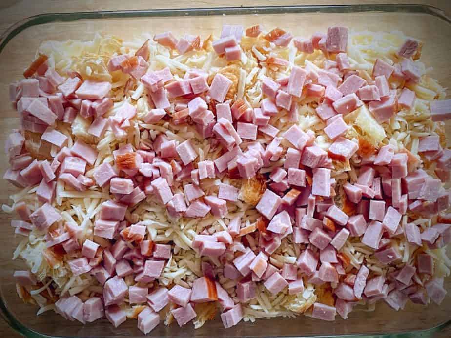 cubed ham as third layer of breakfast casserole