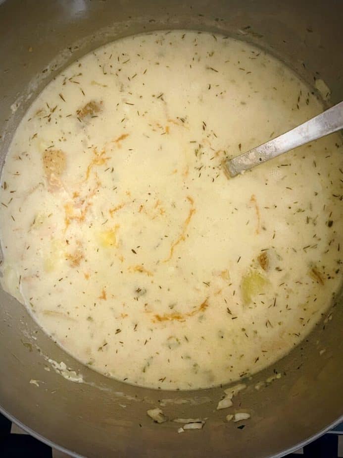 clam chowder after cooking with added hot sauce and worchestershire