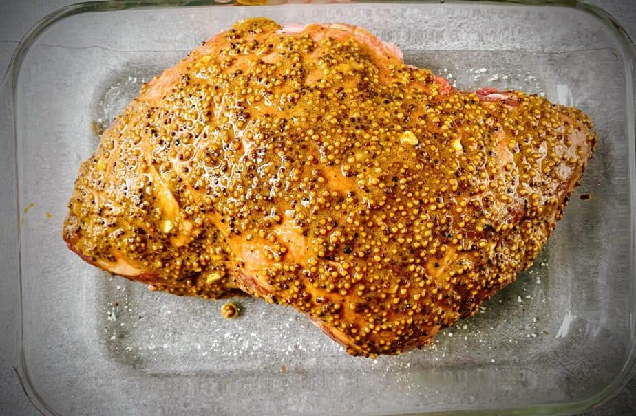 leg of lamb that has been coated with marmite mustard glaze