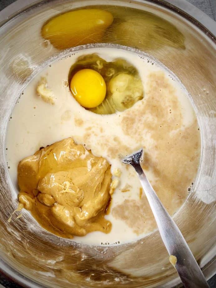egg, milk, nut butter, sweetener and vanilla added to mixing bowl prior to stirring