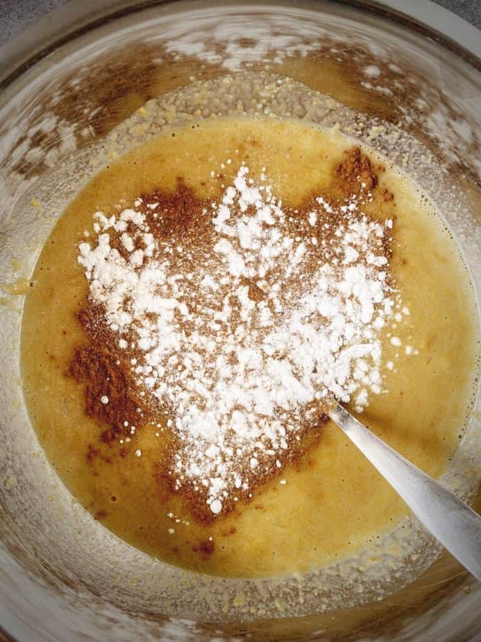 leavening, spices and salt added to banana batter prior to mixing