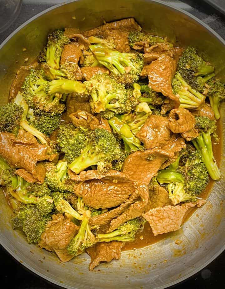 broccoli beef after cooking while still in sauté pan