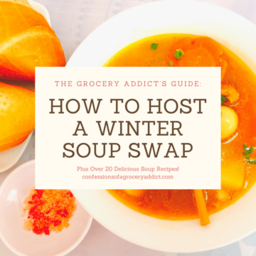 square photo of soup with text overlay reading "how to host a winter soup swap".