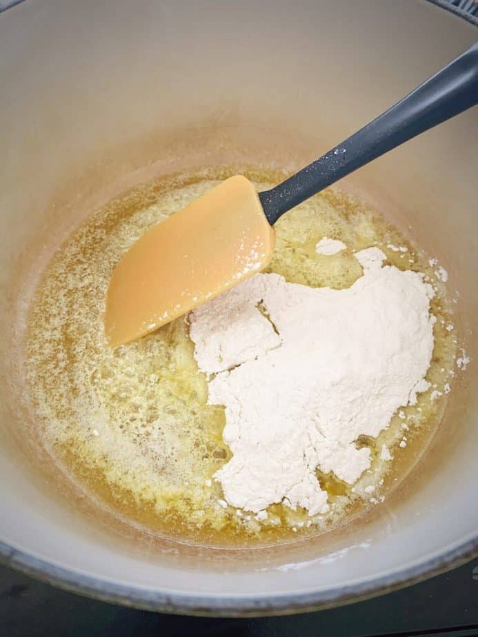 flour added to melted butter in dutch oven for making roux