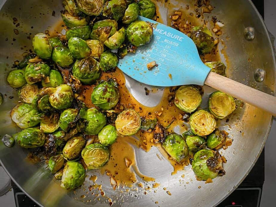 completed kung pao brussels sprouts in sauté pan
