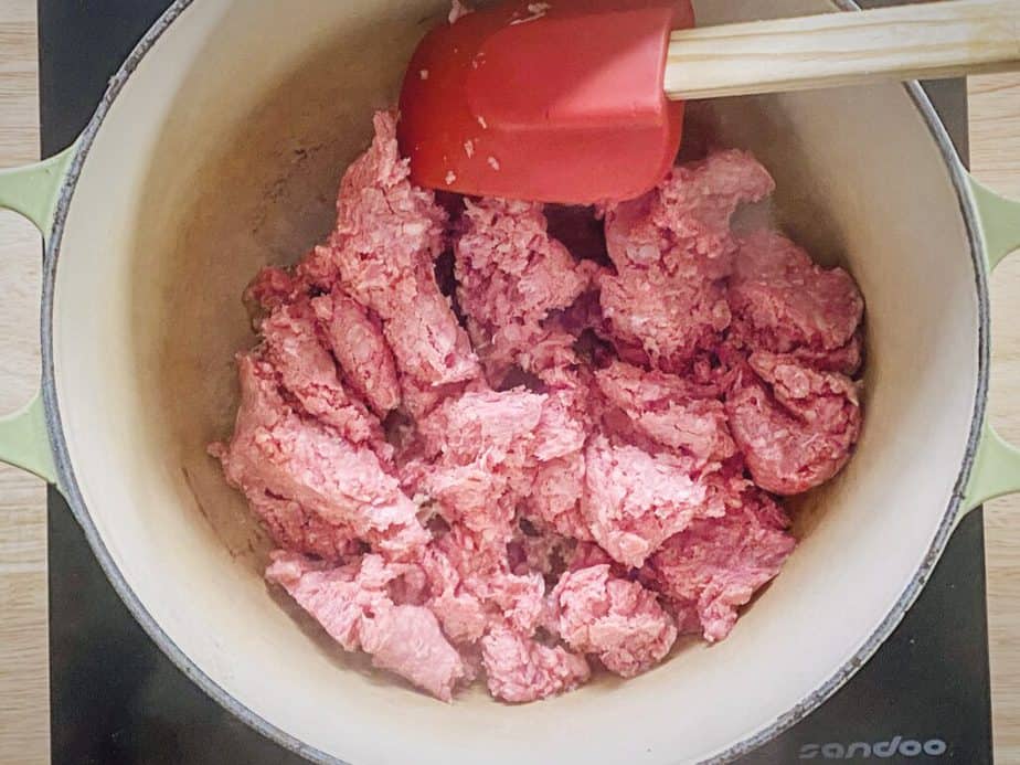 raw ground beef in dutch oven
