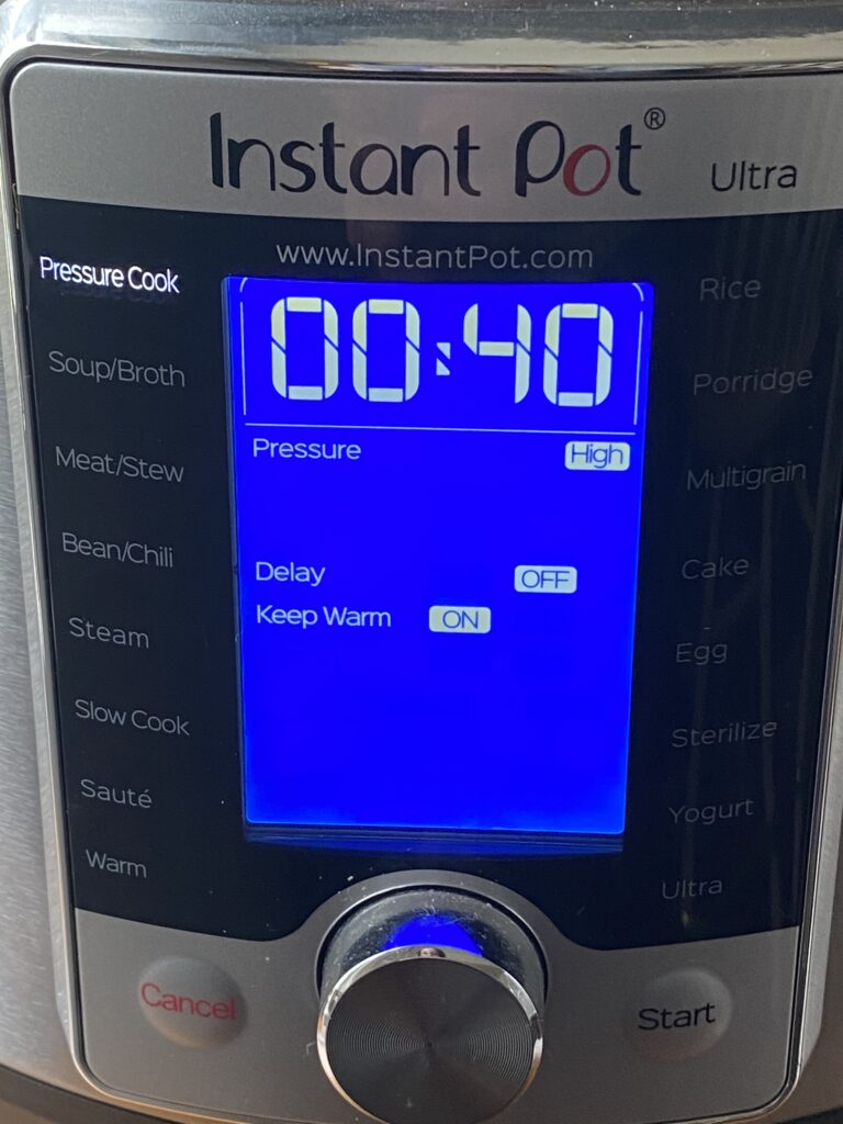 instant pot set to pressure cook on high for 40 minutes