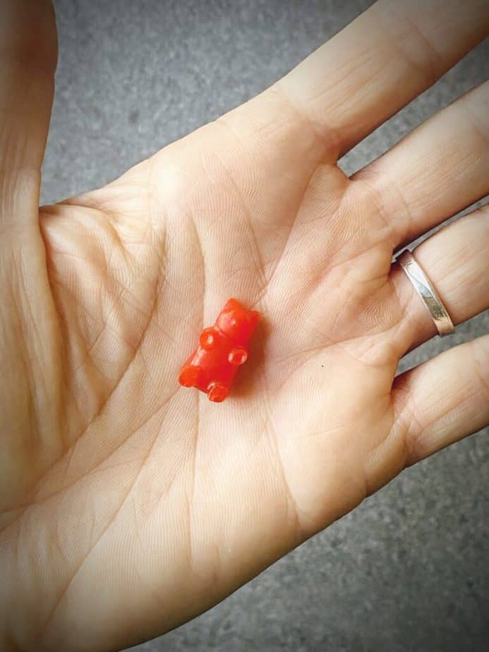 open palm hand holding a red homemade cbd gummy