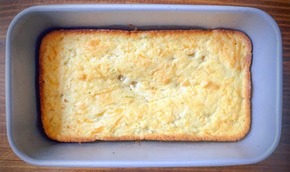 chile cheese cornbread from a box of jiffy mix baked in a loaf pan