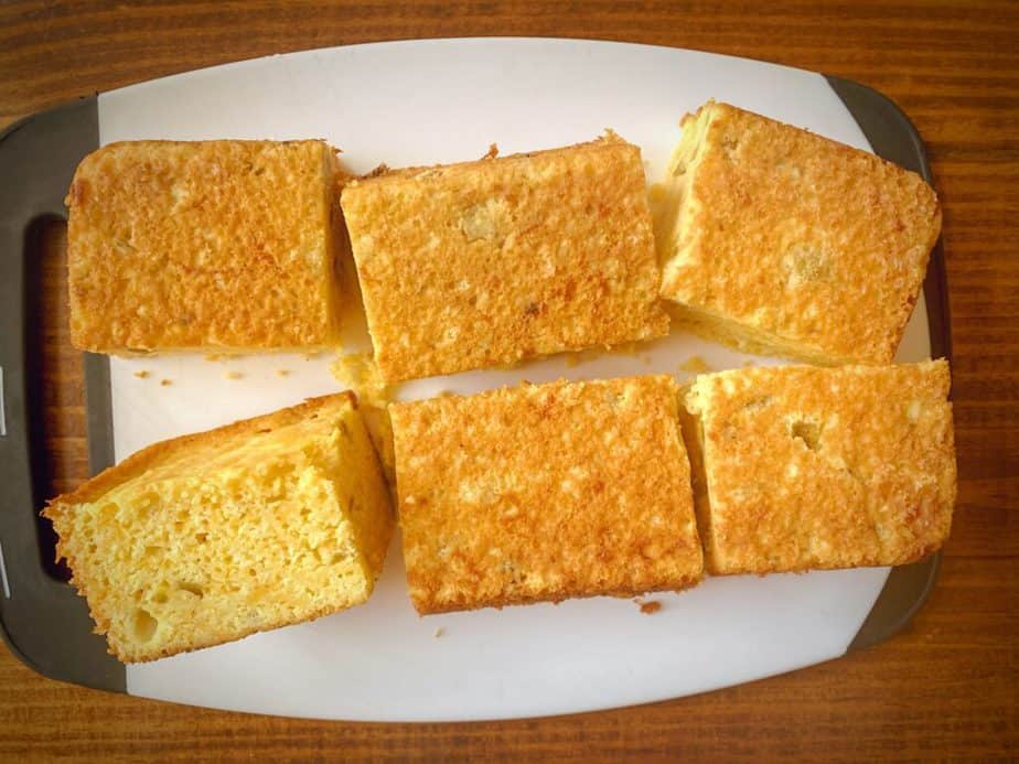 six thick slices of chile cheddar jiffy cornbread