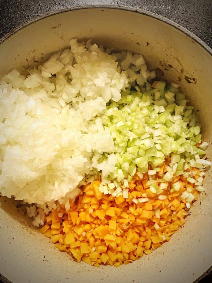 mirepoix added to dutch oven with fond and salt