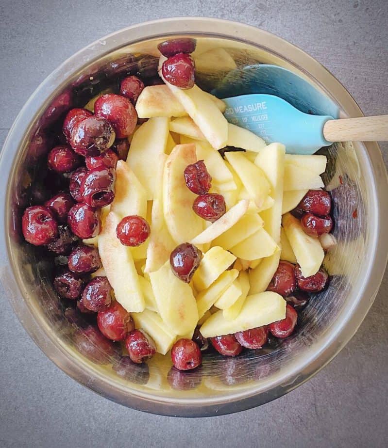 frozen cherries added to peeled, sliced apples