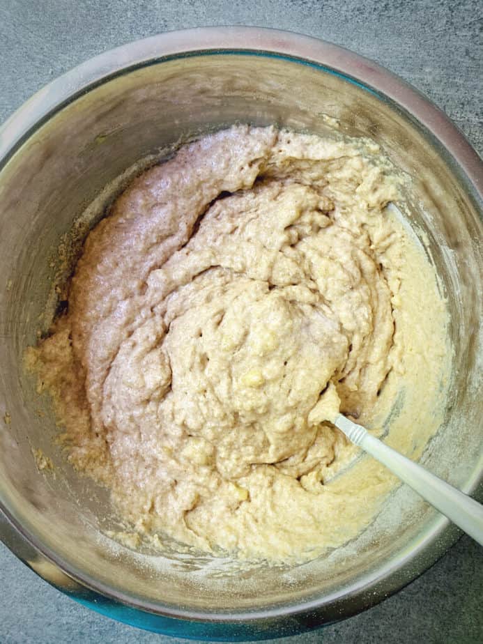 whole wheat banana muffin batter in a mixing bowl