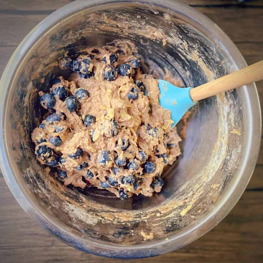 healthy whole wheat blueberry squash muffins batter