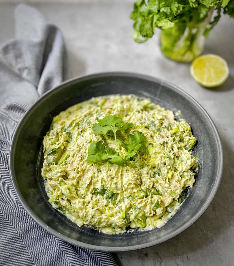 grey pasta bowl of spicy avocado tuna salad with a cilantro leaf garnish