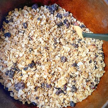 big batch granola in a mixing bowl