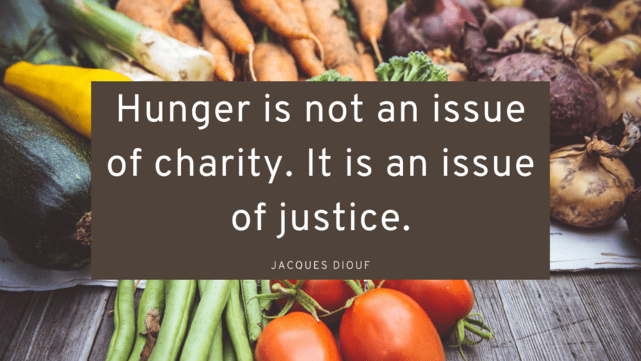 image with a quote that reads hunger is not an issue of charity, it is an issue of justice. 