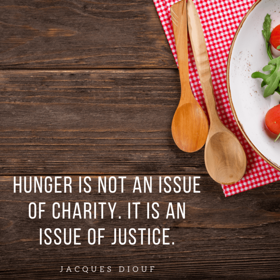 "hunger is not an issue of charity it is an issue of justice" white text on stock image background.